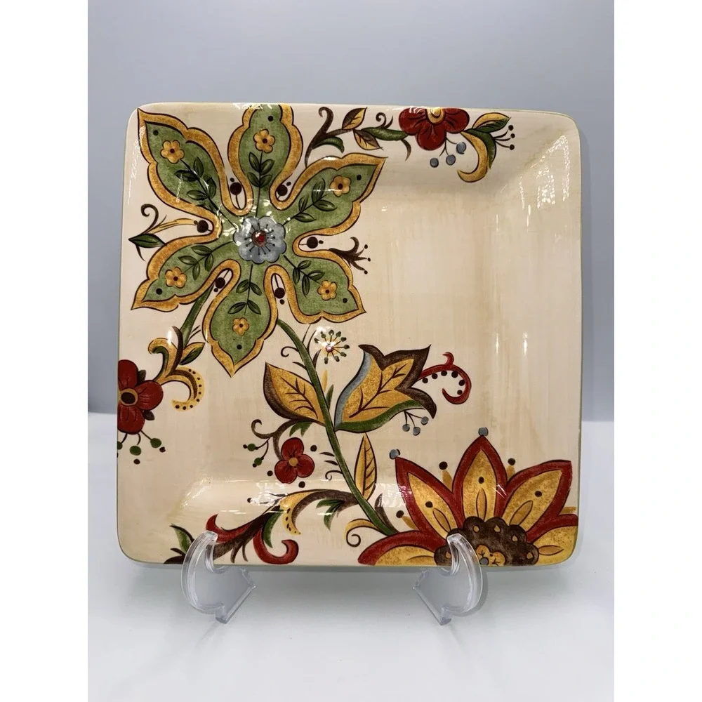 Pier One Carynthum Square Dinner Plates Set Of 4 Floral Design Ceramic 2009